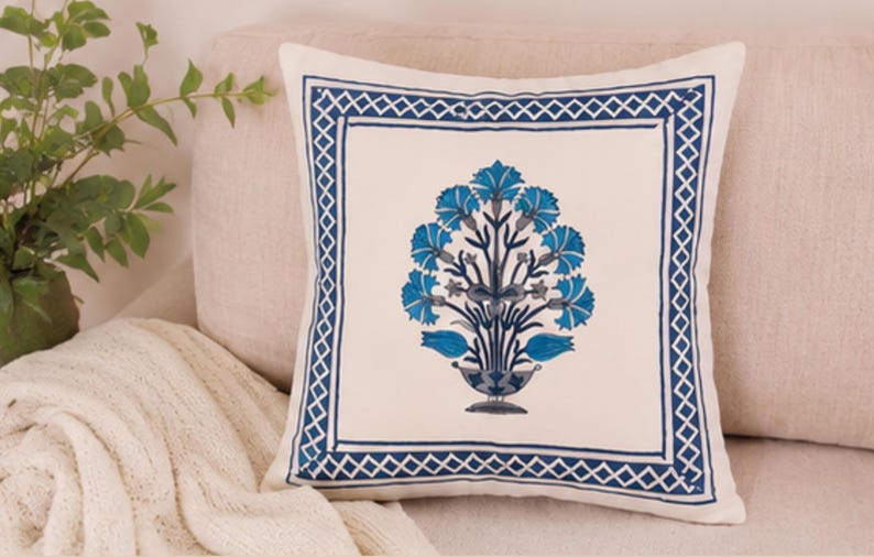 Blue Botanical Hand Block Print Boho Style Cotton Cushion Cover