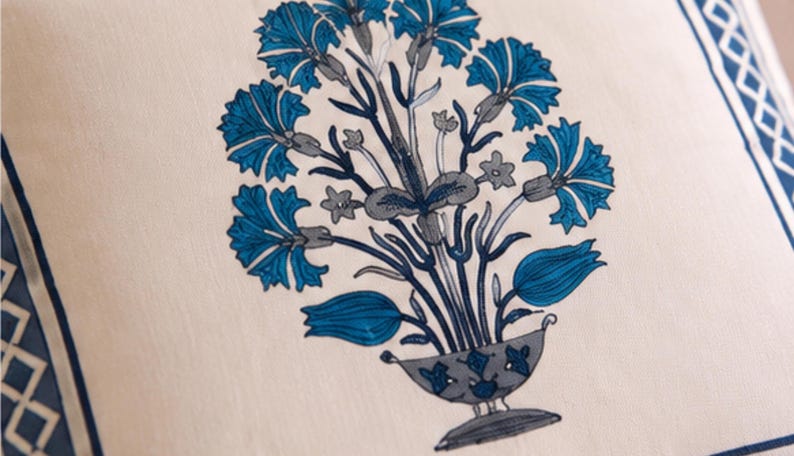 Blue Botanical Hand Block Print Boho Style Cotton Cushion Cover