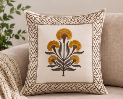 Mustard Floral Hand Block Print Cotton Cushion Cover