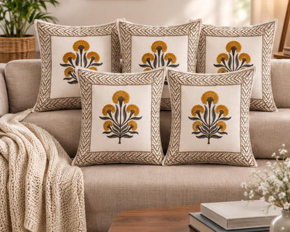 Mustard Floral Hand Block Print Cotton Cushion Cover