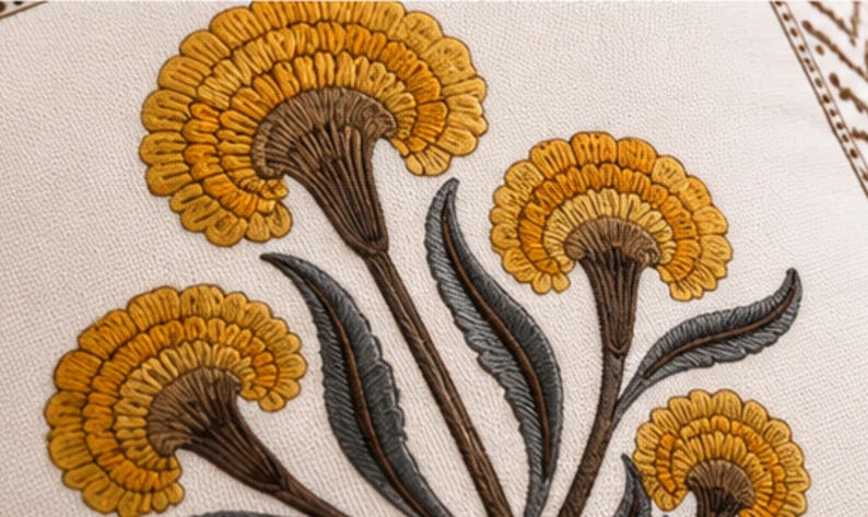 Mustard Floral Hand Block Print Cotton Cushion Cover
