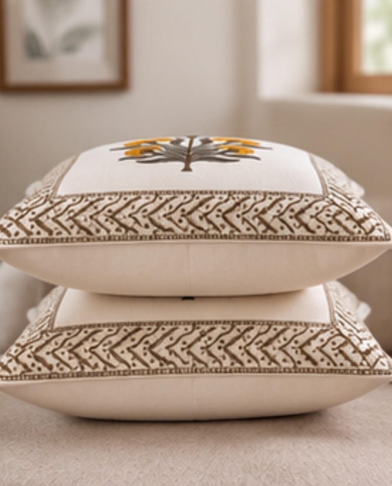 Mustard Floral Hand Block Print Cotton Cushion Cover
