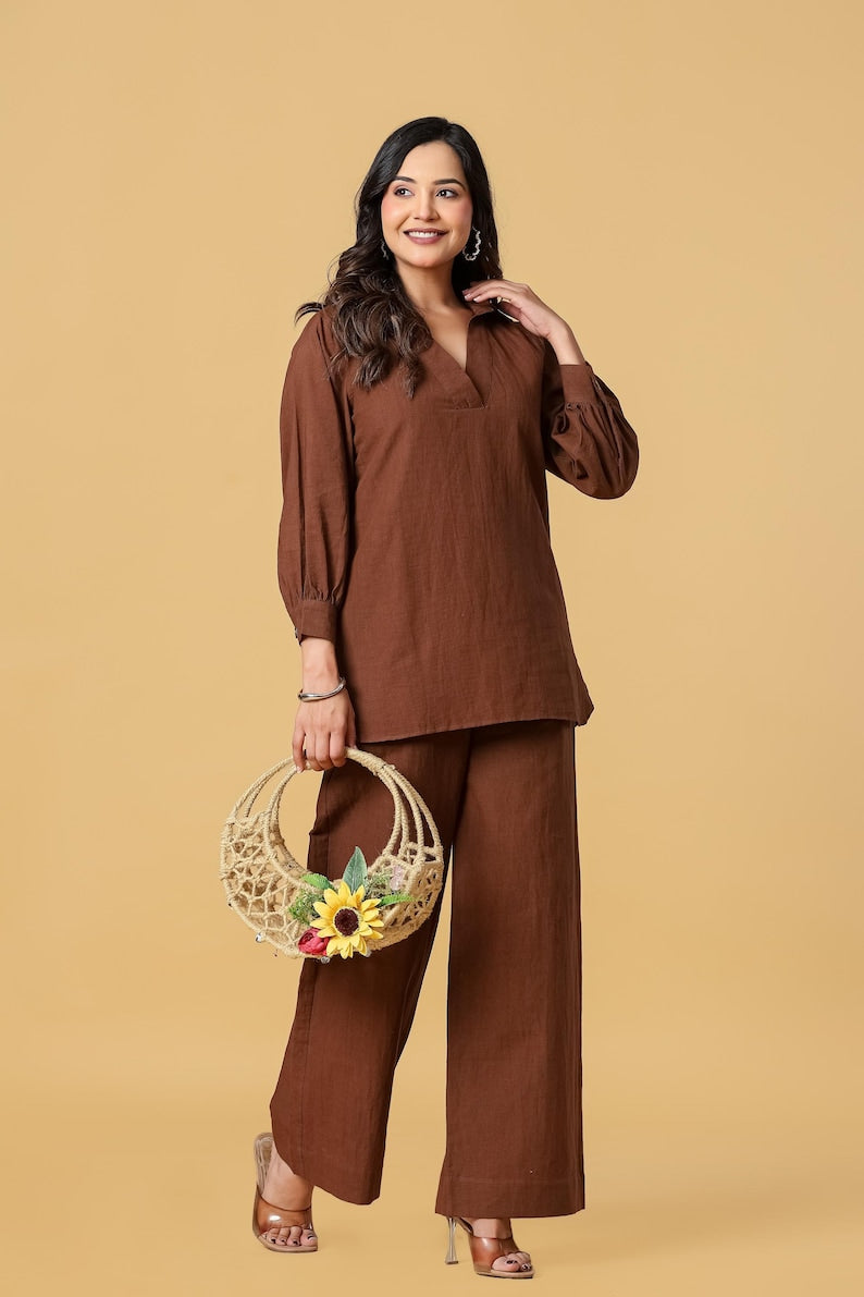 Brown Cotton Linen Tunic And Wide Leg Pants