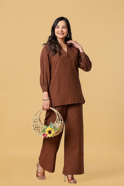 Brown Cotton Linen Tunic And Wide Leg Pants
