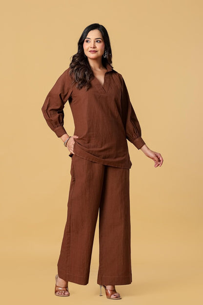 Brown Cotton Linen Tunic And Wide Leg Pants