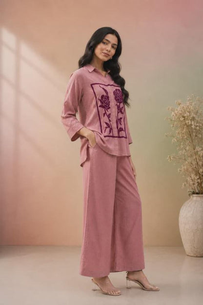 Onion Pink Jute Cotton Women Co Ord Set