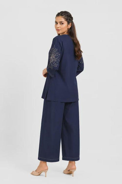 Navy Blue Mal Cotton Co Ord Set Abstract Floral Embroidery Top Pants