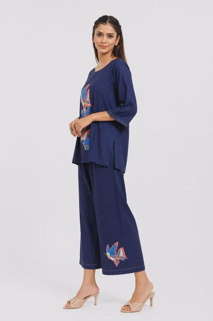 Navy Blue Mal Cotton Co Ord Set Hand Painted Butterfly