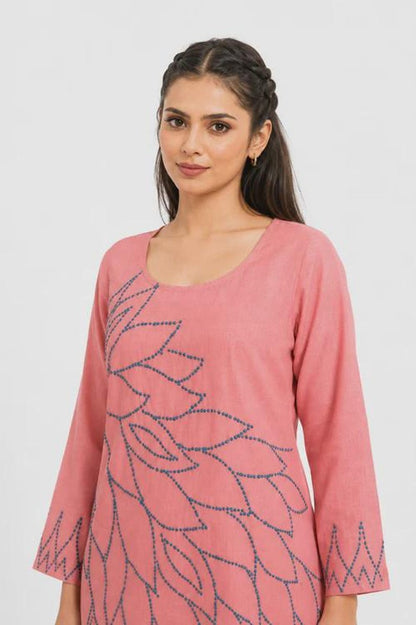 Coral Pink Mal Cotton Co Ord Set With Floral Embroidery