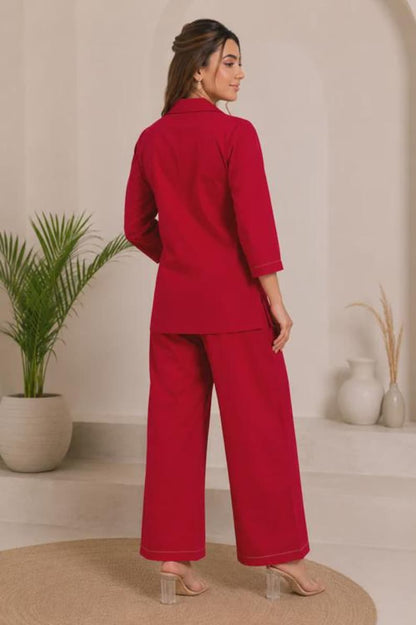 Red Cotton Co Ord Set With Abstract Print