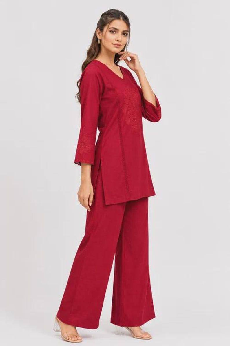 Wine Red Mal Cotton Co Ord Set With Floral Embroidery