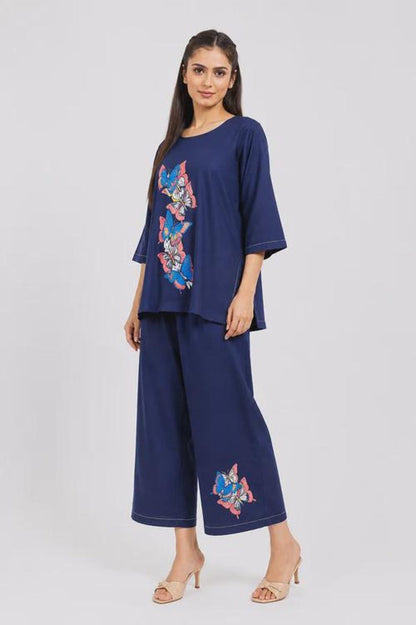 Navy Blue Mal Cotton Co Ord Set Hand Painted Butterfly