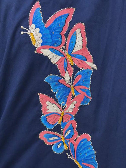Navy Blue Mal Cotton Co Ord Set Hand Painted Butterfly