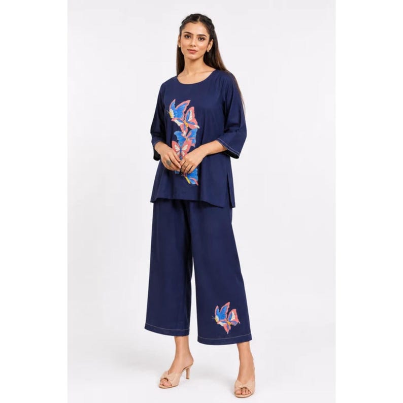 Navy Blue Mal Cotton Co Ord Set Hand Painted Butterfly