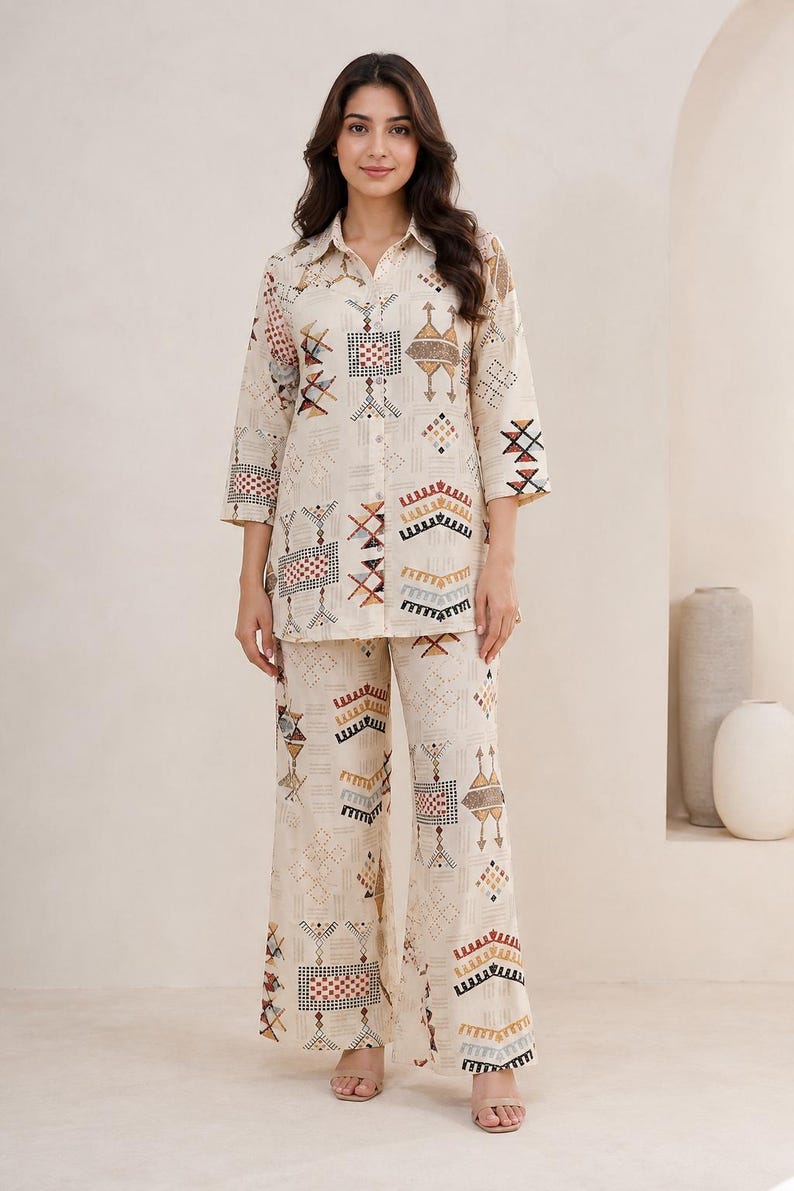 Beige Muslin Printed Co Ord Set For Women