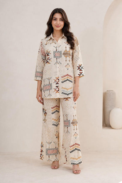 Beige Muslin Printed Co Ord Set For Women