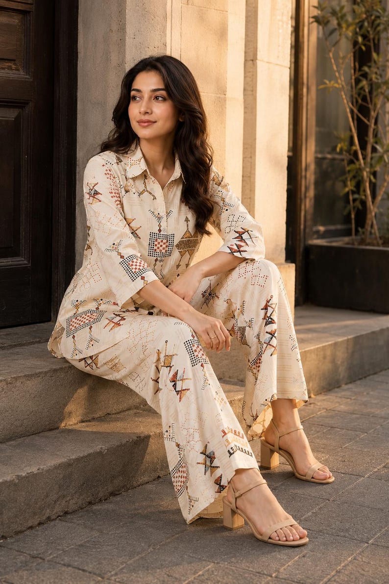 Beige Muslin Printed Co Ord Set For Women