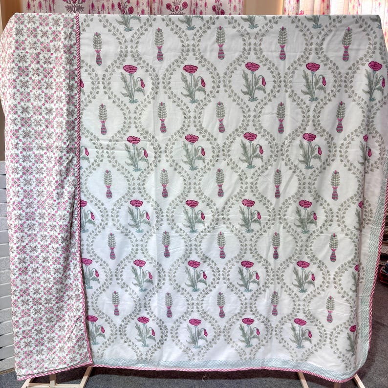 White Blue Hand Block Printed MulMul Dohars