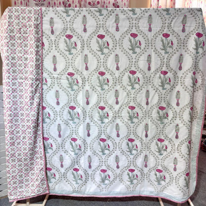 White Blue Hand Block Printed MulMul Dohars