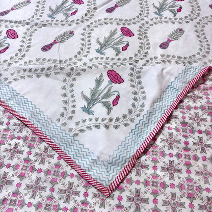 White Blue Hand Block Printed MulMul Dohars
