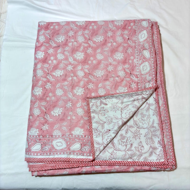 Pink Floral Cotton Reversible Indian Hand Block Dohar