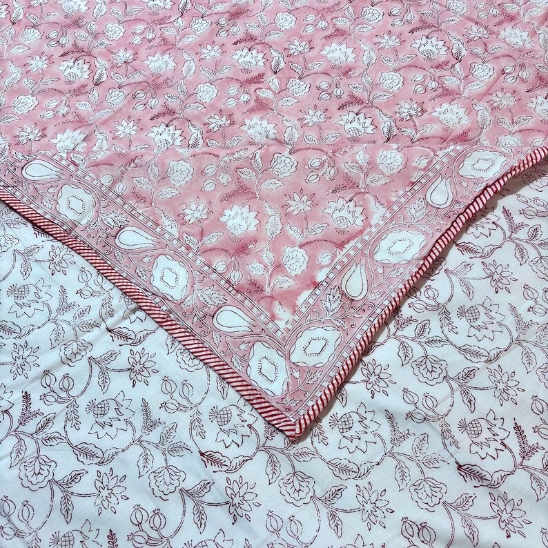 Pink Floral Cotton Reversible Indian Hand Block Dohar