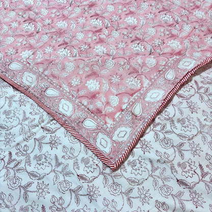 Pink Floral Cotton Reversible Indian Hand Block Dohar