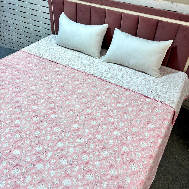 Pink Floral Cotton Reversible Indian Hand Block Dohar