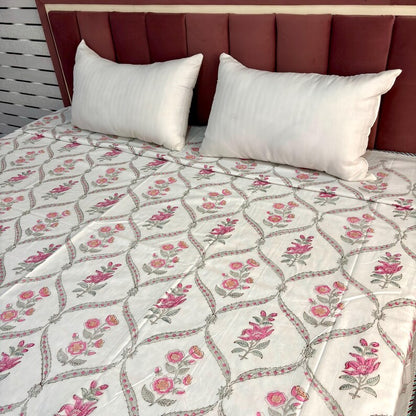 Pink Floral Reversible Summer Cotton Dohar Blanket