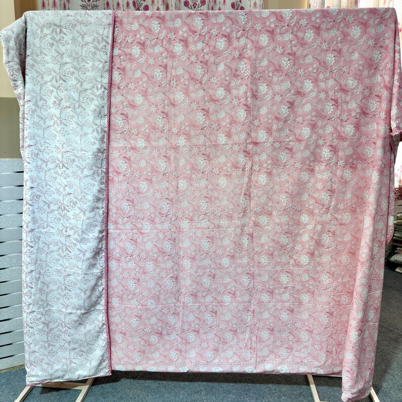 Pink Floral Cotton Reversible Indian Hand Block Dohar