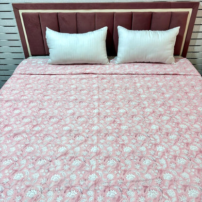 Pink Floral Cotton Reversible Indian Hand Block Dohar