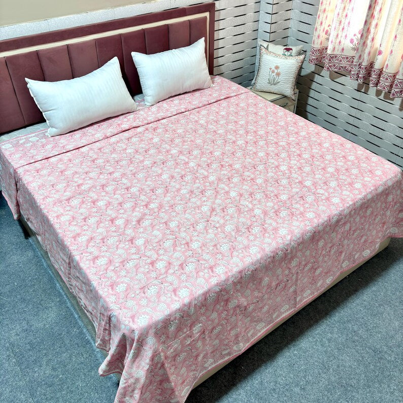 Pink Floral Cotton Reversible Indian Hand Block Dohar