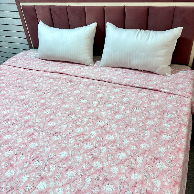 Pink Floral Cotton Reversible Indian Hand Block Dohar