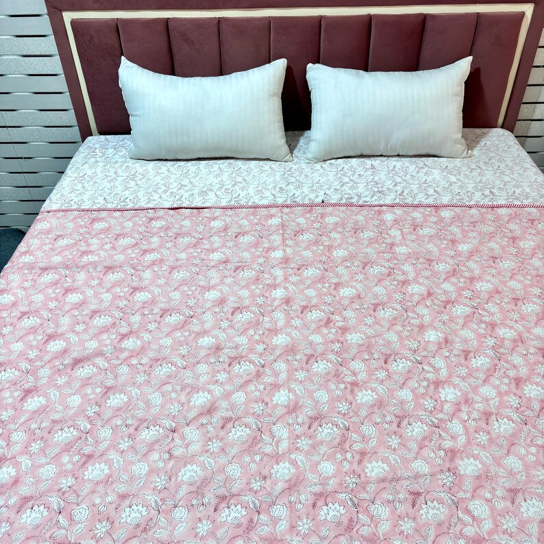 Pink Floral Cotton Reversible Indian Hand Block Dohar