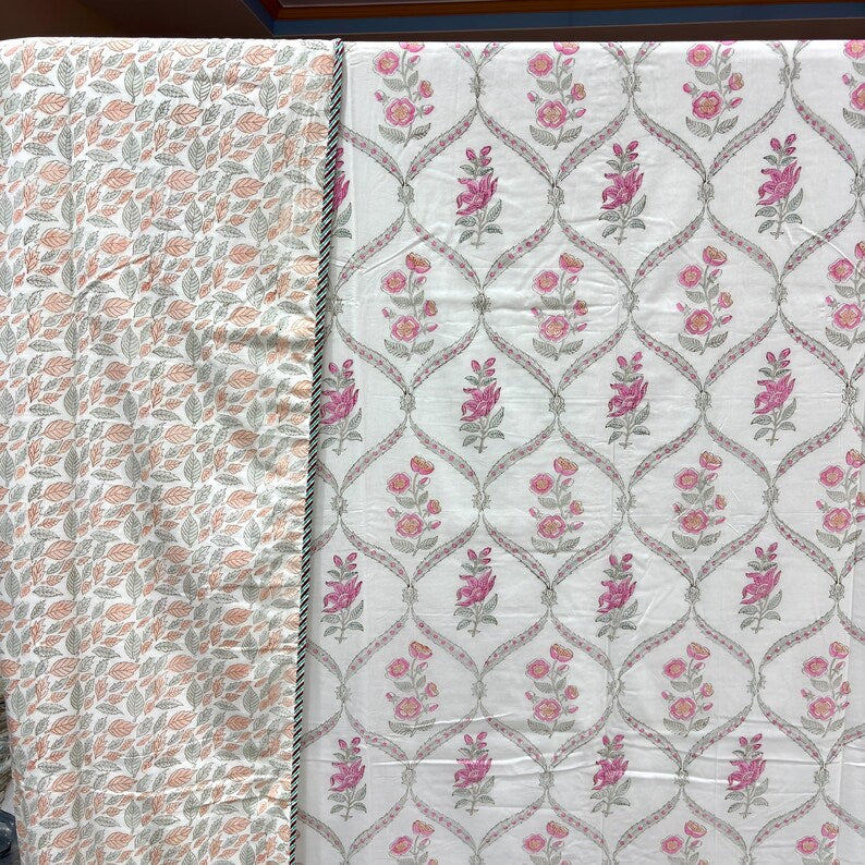 Pink Floral Reversible Summer Cotton Dohar Blanket