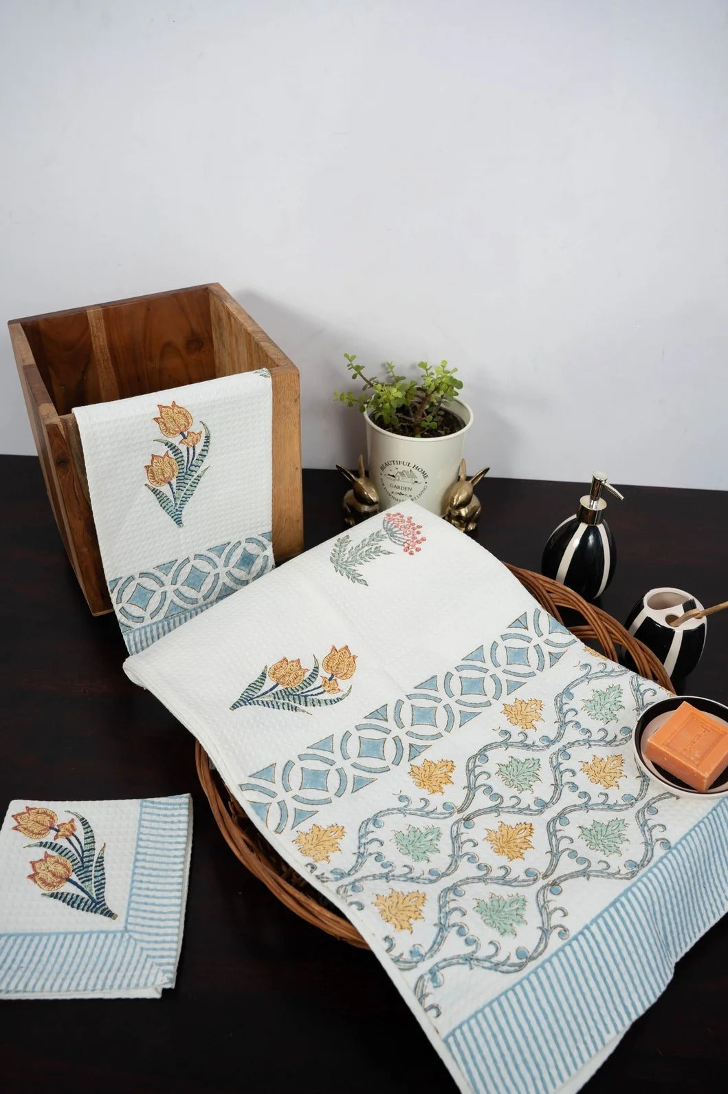 Handblock Print Cotton Towel Set - BODY TOWEL-HAND TOWEL-NAPKIN