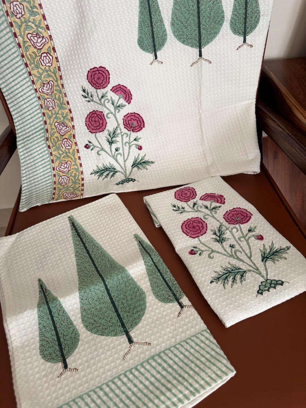Handblock Print Cotton Towel Set - BODY TOWEL-HAND TOWEL-NAPKIN