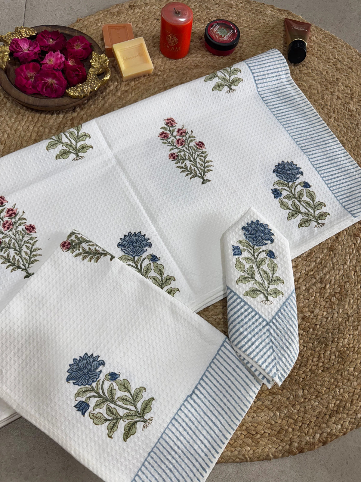 Handblock Print Cotton Towel Set - BODY TOWEL-HAND TOWEL-NAPKIN