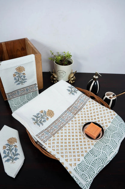 Handblock Print Cotton Towel Set - BODY TOWEL-HAND TOWEL-NAPKIN