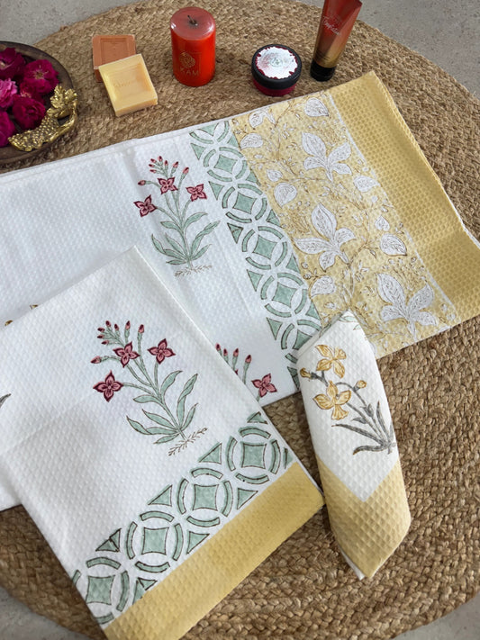 Handblock Print Cotton Towel Set - BODY TOWEL-HAND TOWEL-NAPKIN