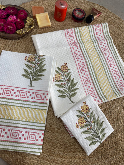 Handblock Print Cotton Towel Set - BODY TOWEL-HAND TOWEL-NAPKIN