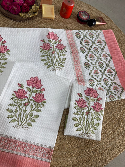 Handblock Print Cotton Towel Set - BODY TOWEL-HAND TOWEL-NAPKIN