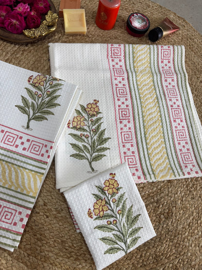 Handblock Print Cotton Towel Set - BODY TOWEL-HAND TOWEL-NAPKIN