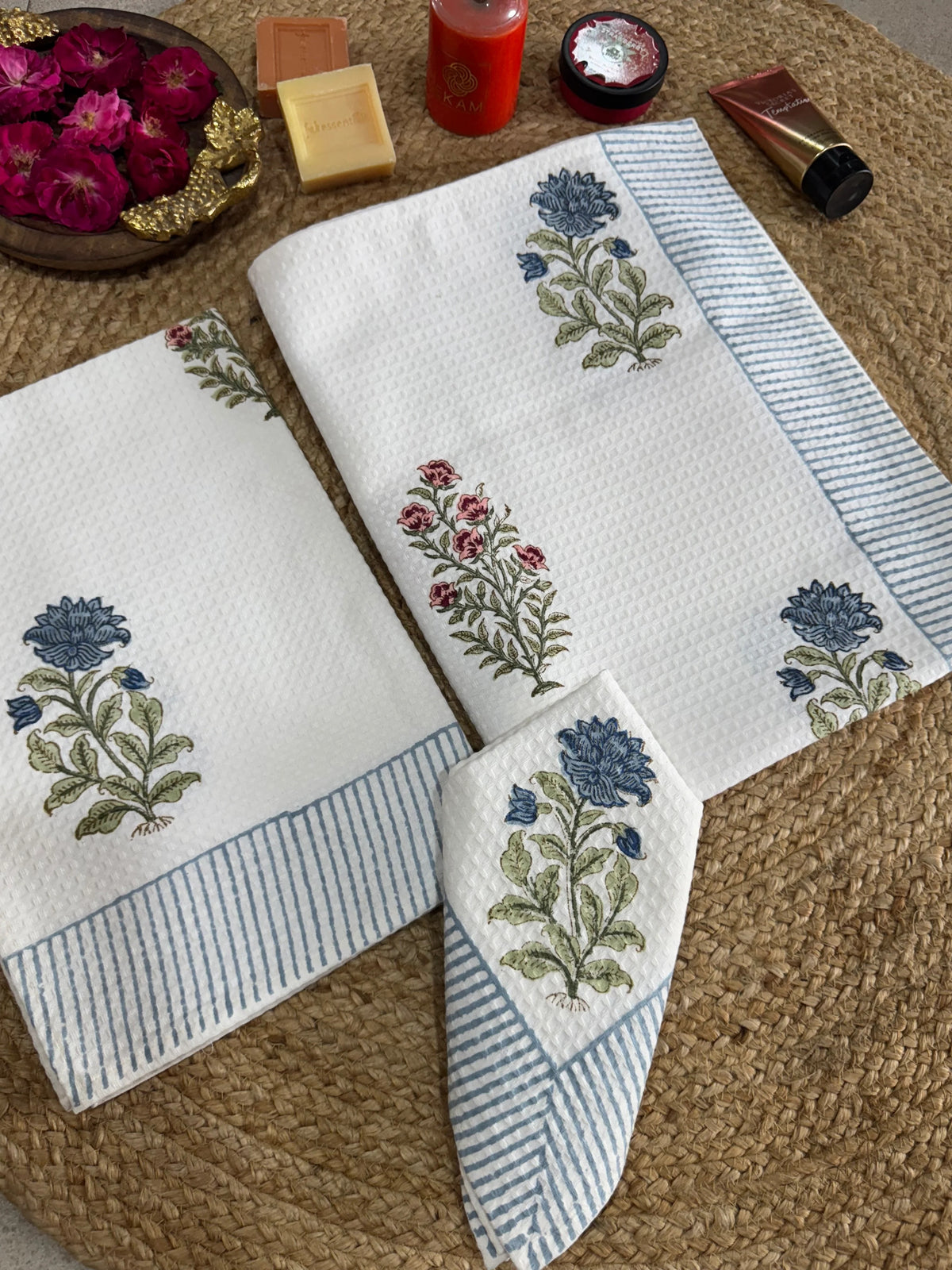 Handblock Print Cotton Towel Set - BODY TOWEL-HAND TOWEL-NAPKIN