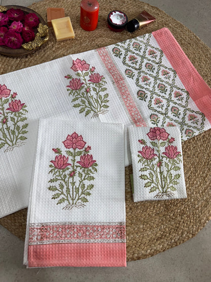 Handblock Print Cotton Towel Set - BODY TOWEL-HAND TOWEL-NAPKIN