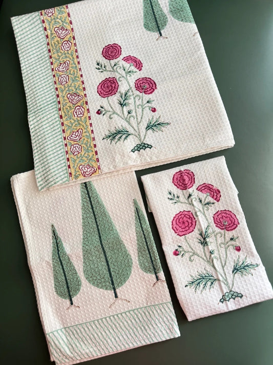 Handblock Print Cotton Towel Set - BODY TOWEL-HAND TOWEL-NAPKIN
