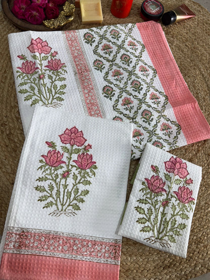 Handblock Print Cotton Towel Set - BODY TOWEL-HAND TOWEL-NAPKIN