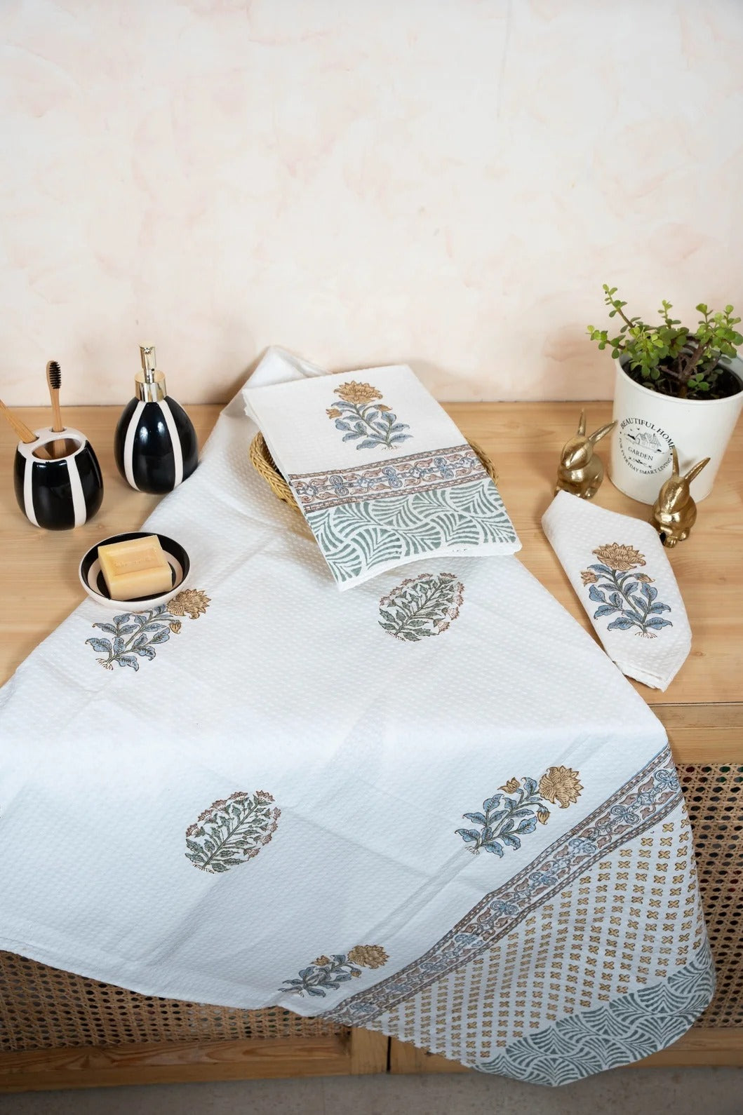 Handblock Print Cotton Towel Set - BODY TOWEL-HAND TOWEL-NAPKIN