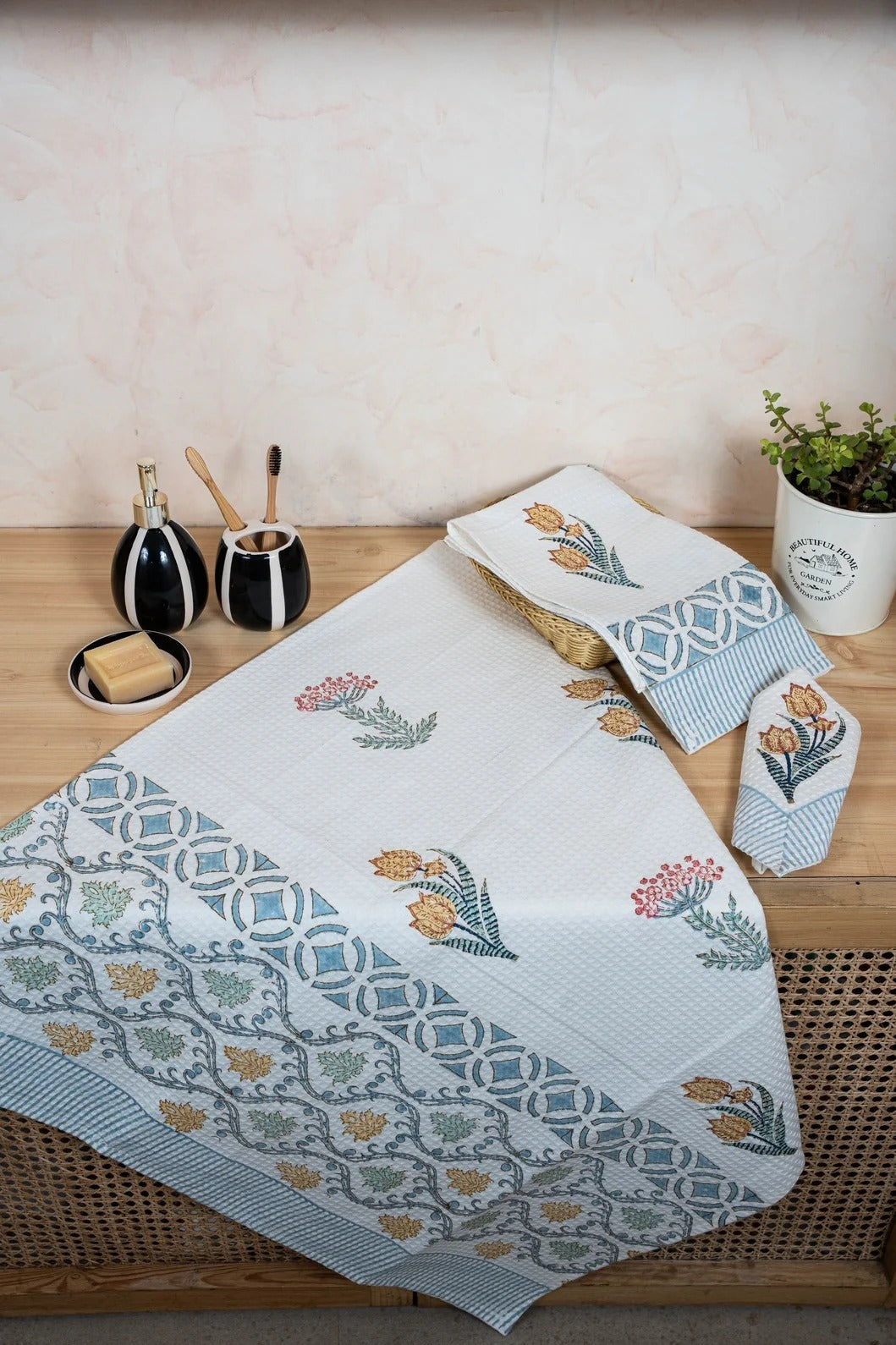 Handblock Print Cotton Towel Set - BODY TOWEL-HAND TOWEL-NAPKIN