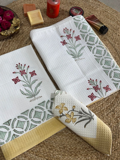Handblock Print Cotton Towel Set - BODY TOWEL-HAND TOWEL-NAPKIN
